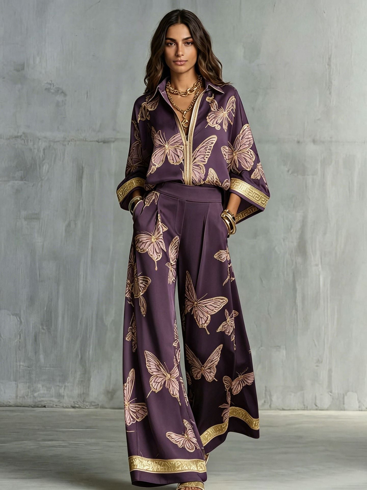 Style Women's Retro Printed Sexy Deep V Neck Loose Zipper Top with Wide Leg Pants Two-Piece Set 
