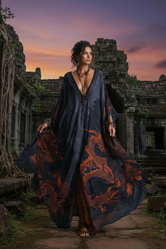 Dragon print beach vacation long dress outerwear 