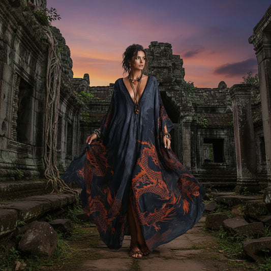Dragon print beach vacation long dress outerwear 