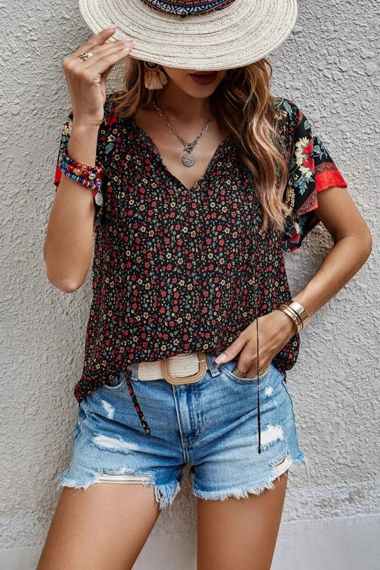 Printed Tie Neck Short Sleeve Blouse 