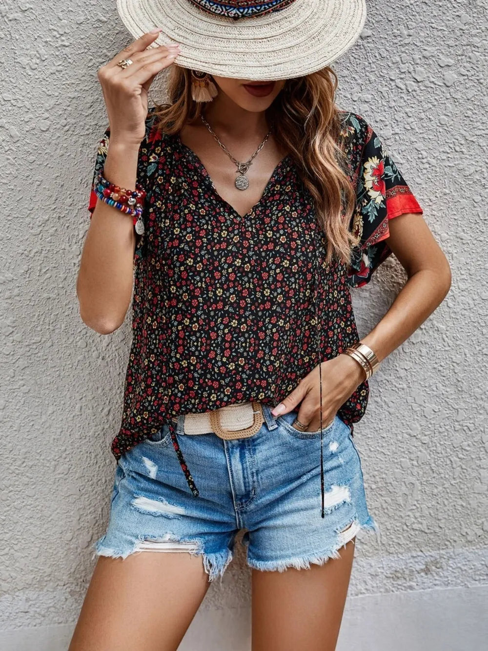 Printed Tie Neck Short Sleeve Blouse 