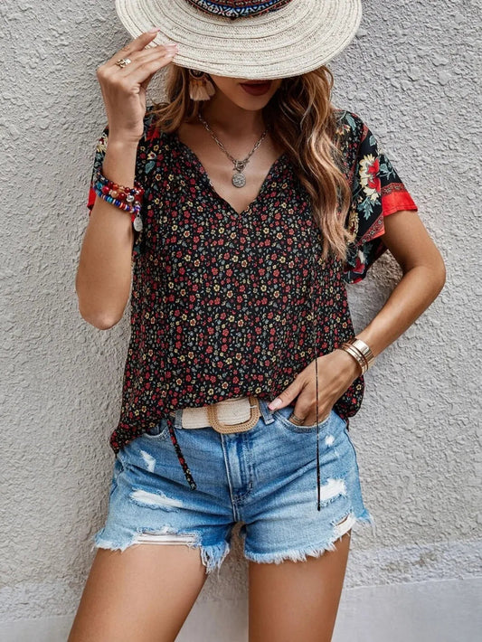 Printed Tie Neck Short Sleeve Blouse 