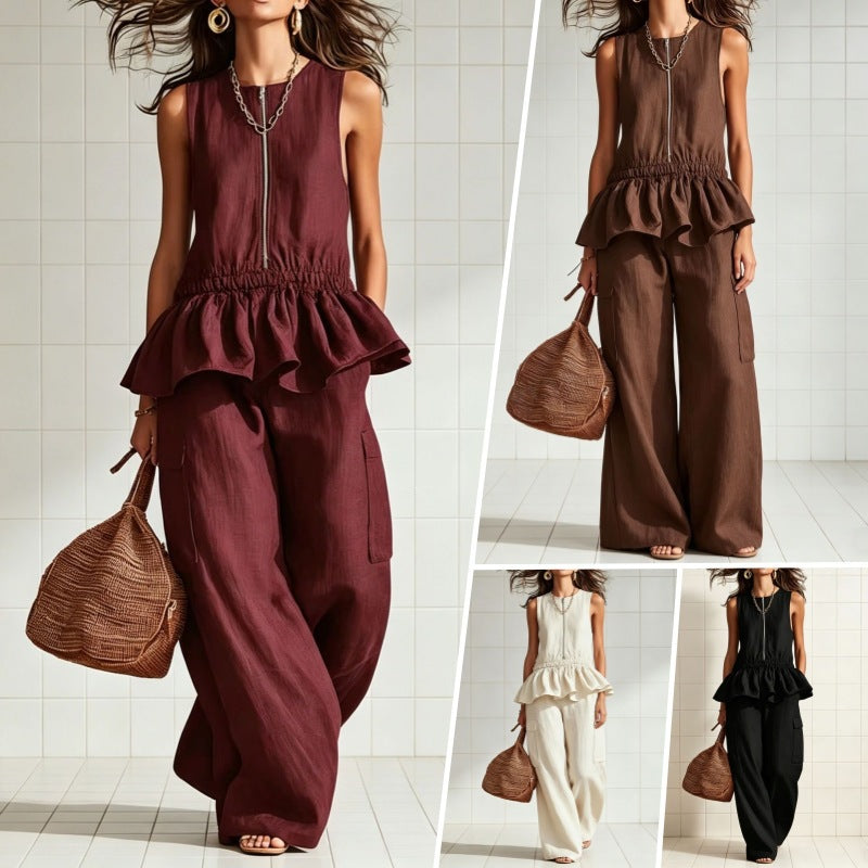 Sleeveless pleated vest wide leg pants set 