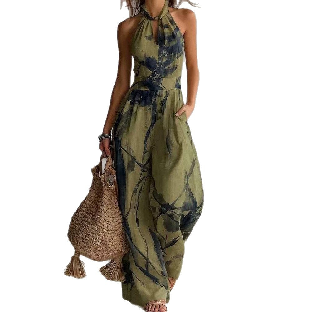 New halter backless jumpsuit, blue and white tie-dye wide-leg pants, summer beach women's wear 