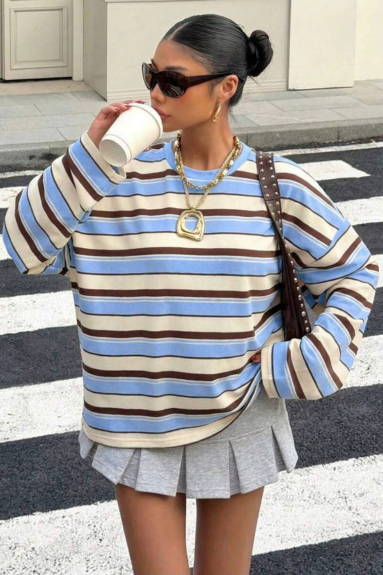 Round neck contrasting striped pullover loose hoodie 