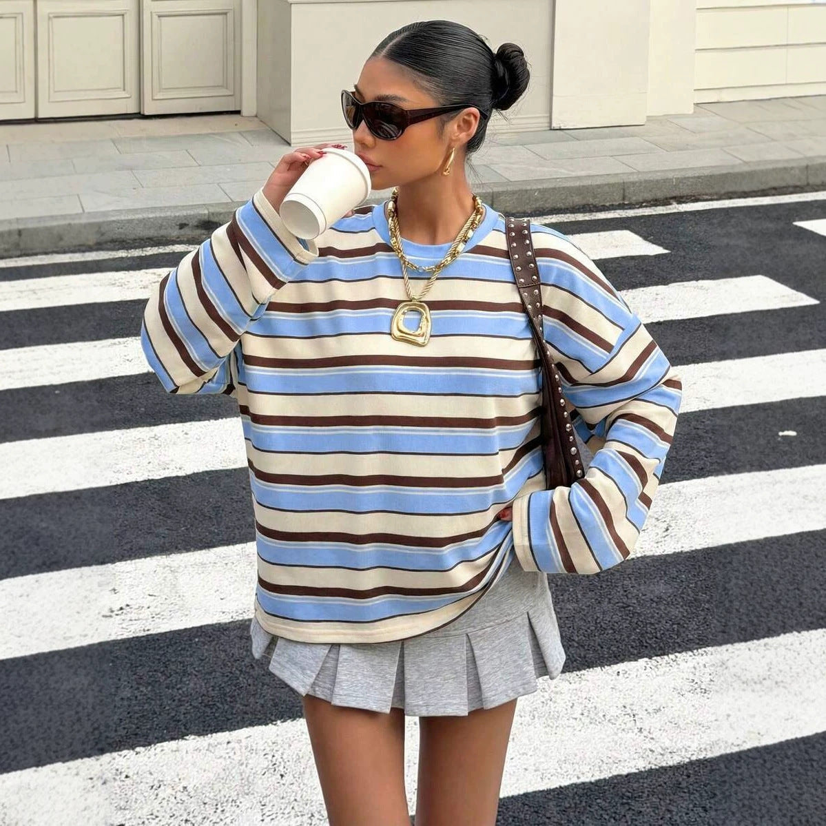 Round neck contrasting striped pullover loose hoodie 