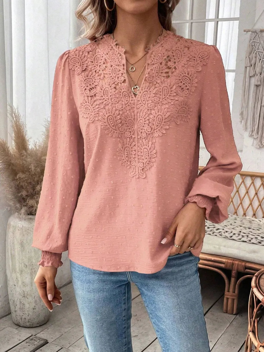 Swiss Dot Lace Detail Notched Long Sleeve Blouse 