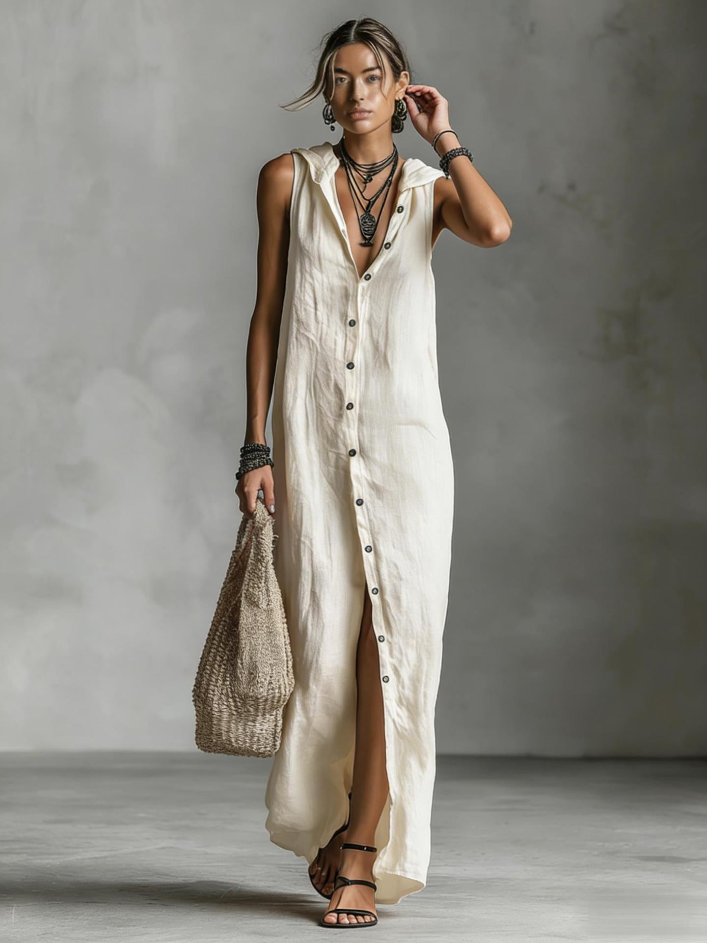 Sleeveless hooded breasted dress 