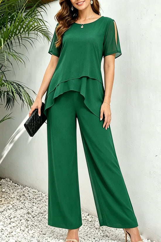Irregular top wide leg long pants two-piece set