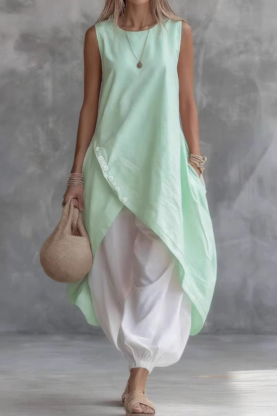 Solid Color Sleeveless Loose Pocketed Mid-Length Dress Set 
