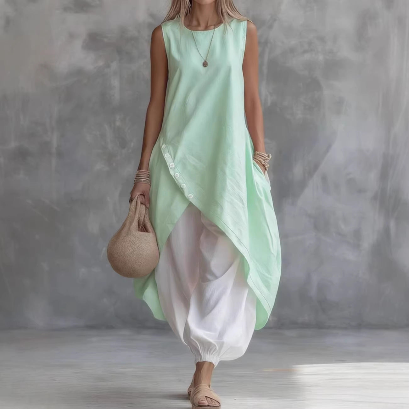 Solid Color Sleeveless Loose Pocketed Mid-Length Dress Set 