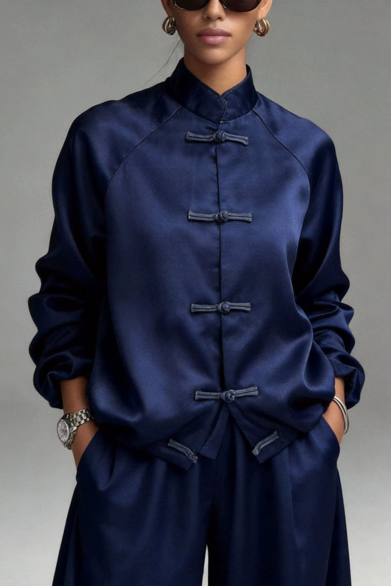 Satin set with hanging wide leg pants and drawstring two-piece set 