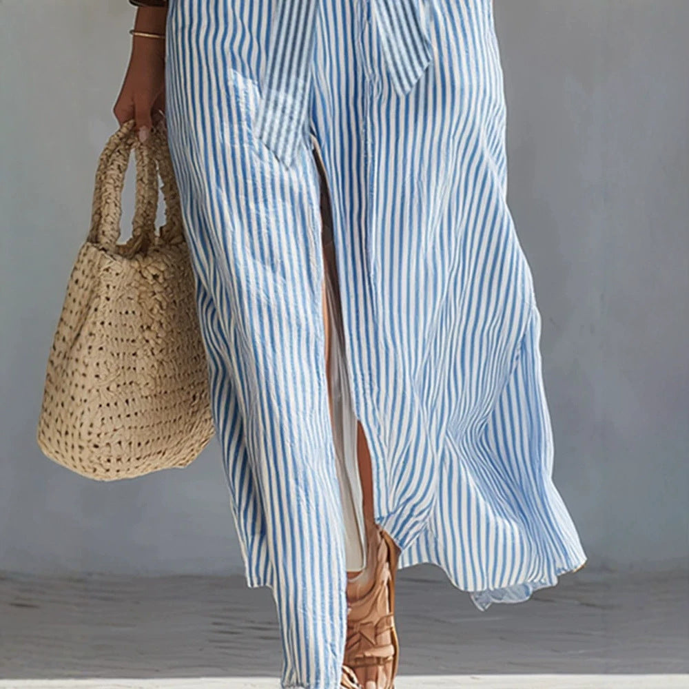 Fresh Blue and White Striped Sleeveless Long Dress with V-Neck, Waist-Tie, Side Split, Beach Dress 