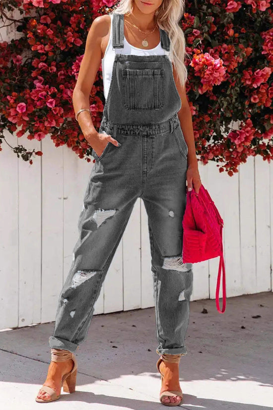 Cropped Blue Denim Overalls for Women with Ripped Details Casual FashionStrap Design, Perfect for Everyday Wear 