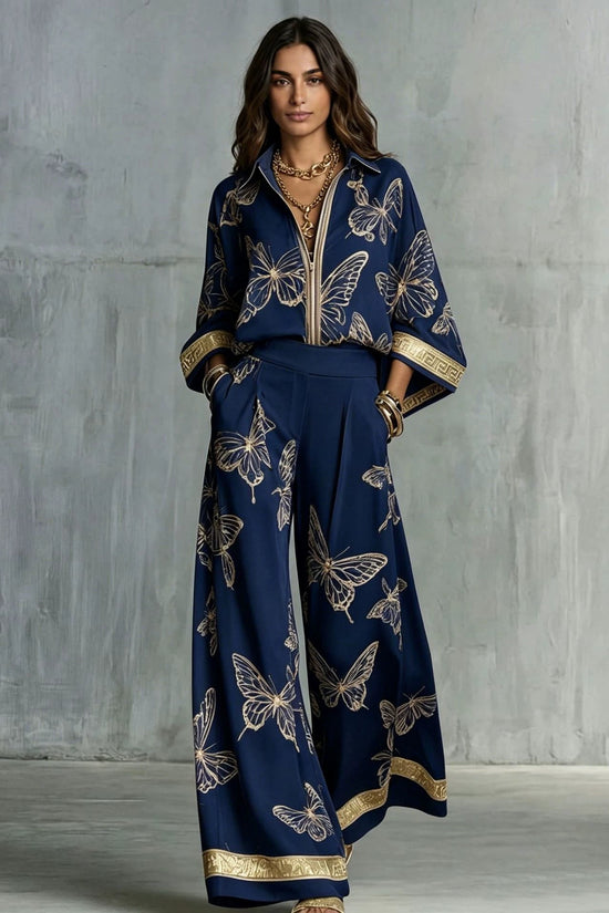 Style Women's Retro Printed Sexy Deep V Neck Loose Zipper Top with Wide Leg Pants Two-Piece Set 