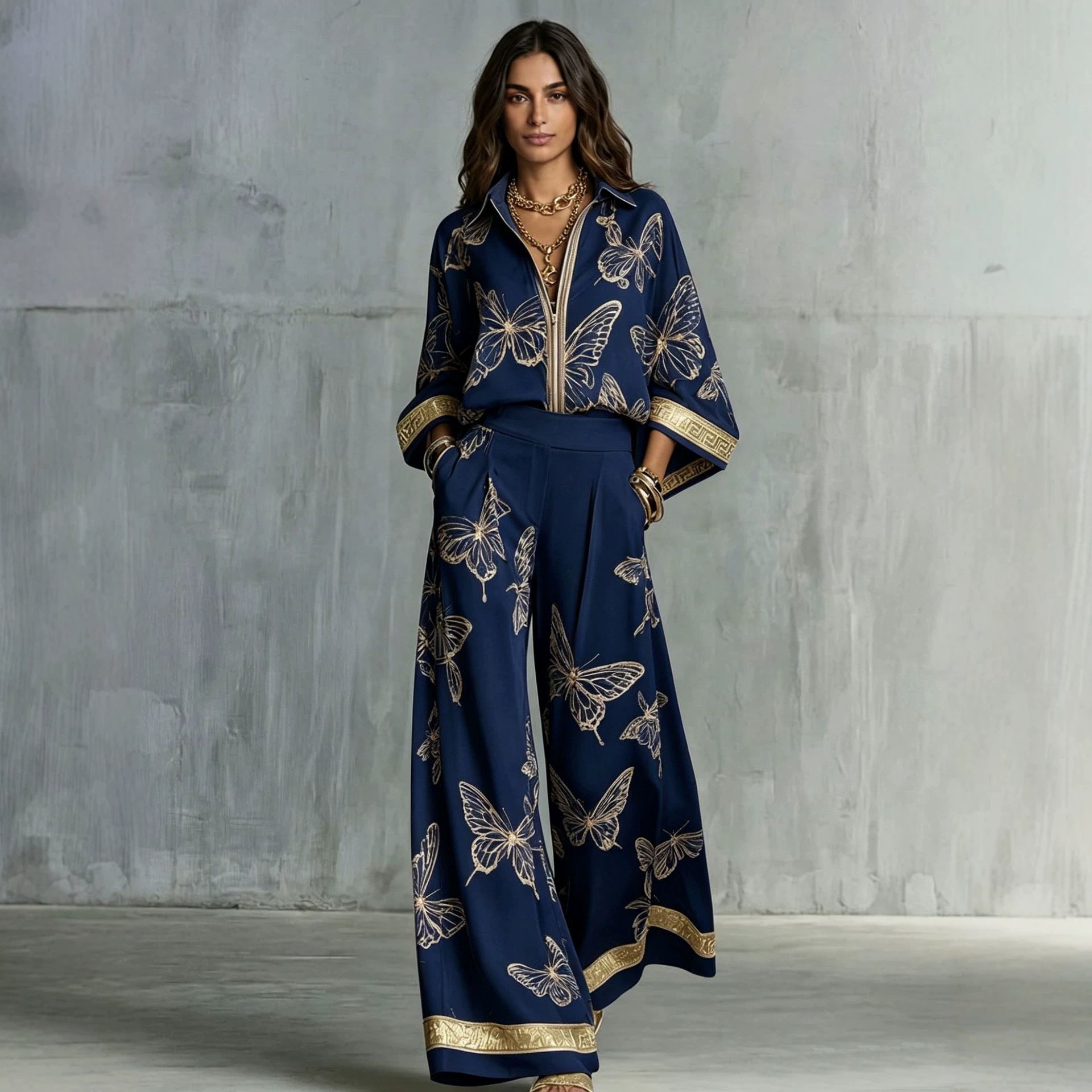 Style Women's Retro Printed Sexy Deep V Neck Loose Zipper Top with Wide Leg Pants Two-Piece Set 
