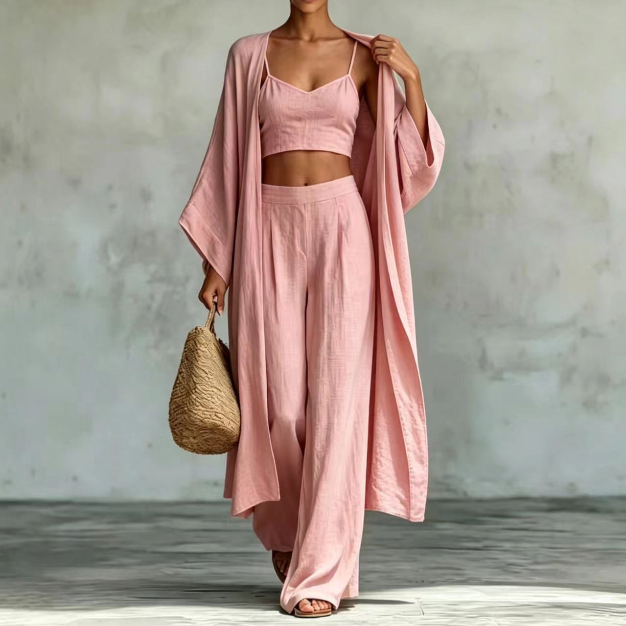 Loose cardigan short strap high waist wide leg pants set 