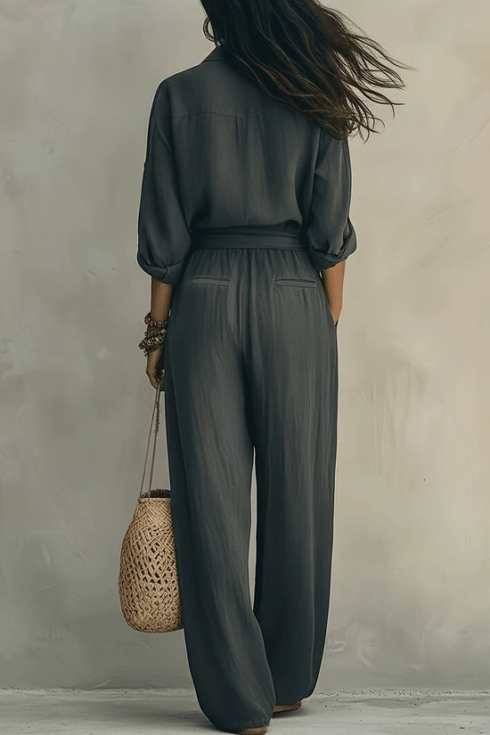 2-piece set fashion casual button-up collar shirt with loose pants and belt 
