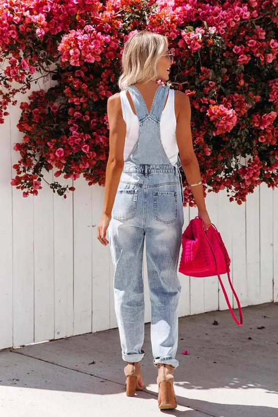 Cropped Blue Denim Overalls for Women with Ripped Details Casual FashionStrap Design, Perfect for Everyday Wear 