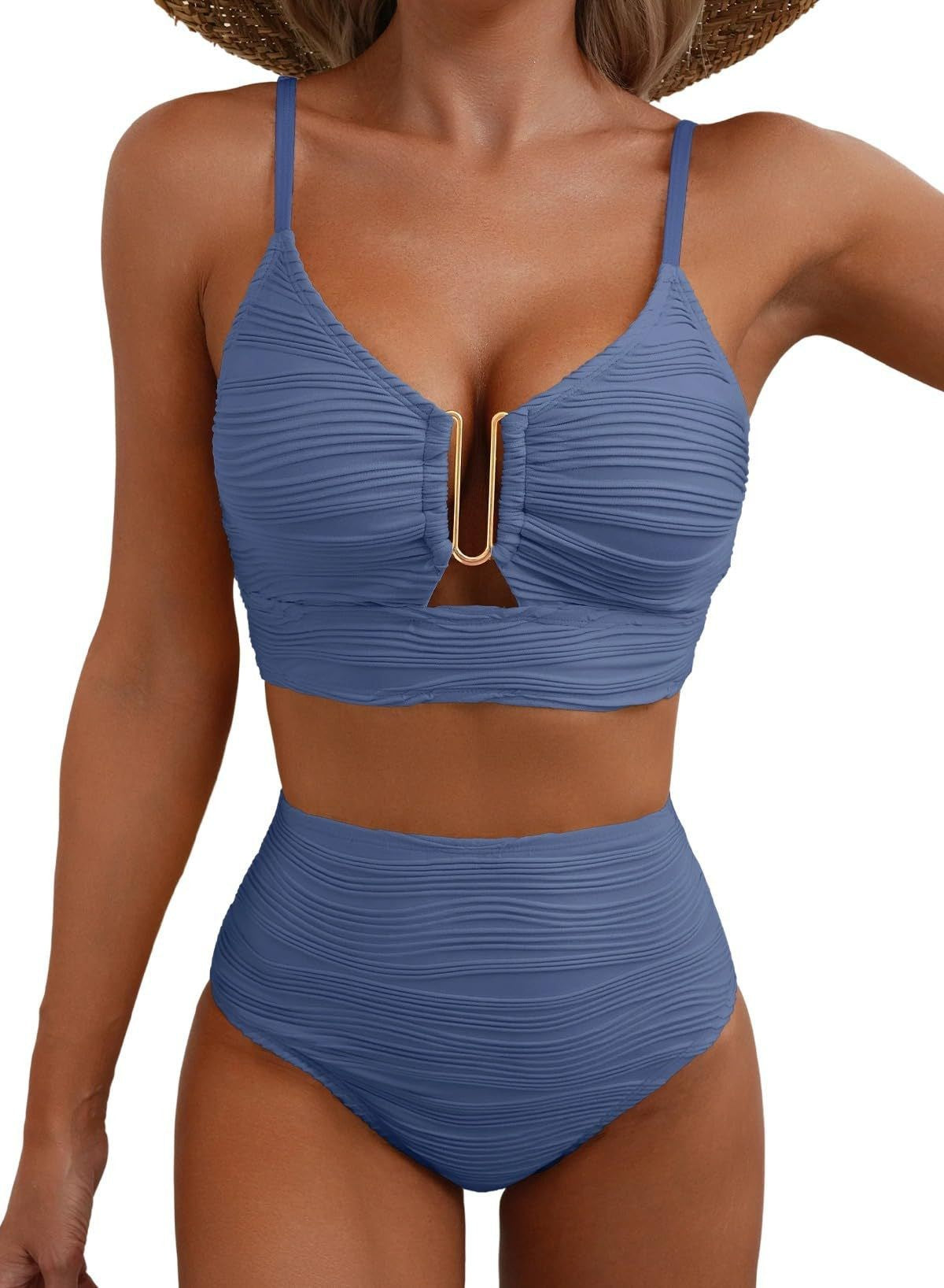 Solid color gathering swimsuit 