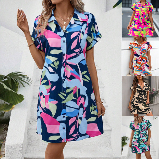 Summer New Fashion Colorful Floral Printed Open Front Short Sleeve Shirt Dress 