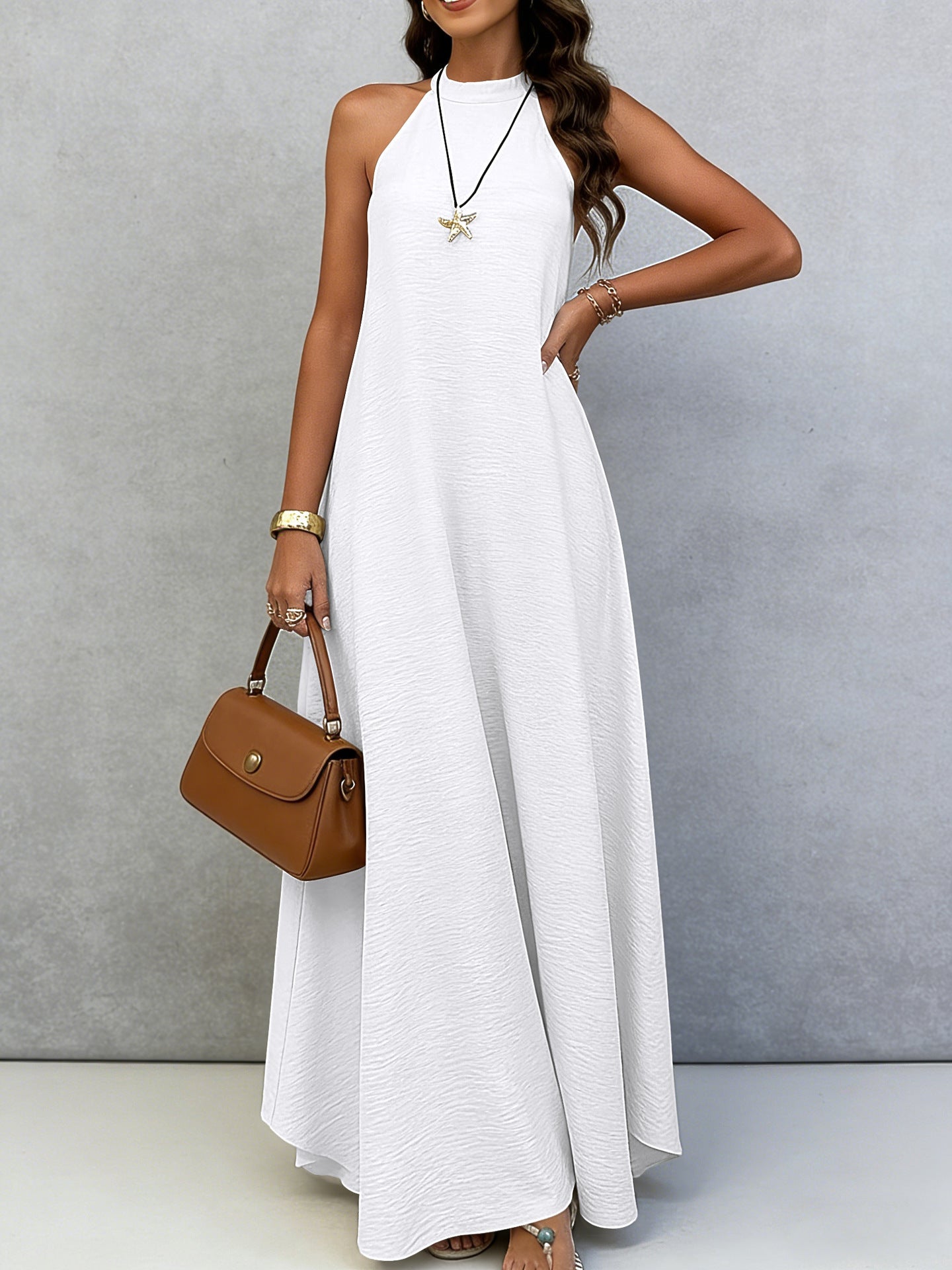 Women Summer Ice Silk Wrinkle Loose Plus Size Sleeveless Solid Color Swing Long Maxi Dress Vacation Style 