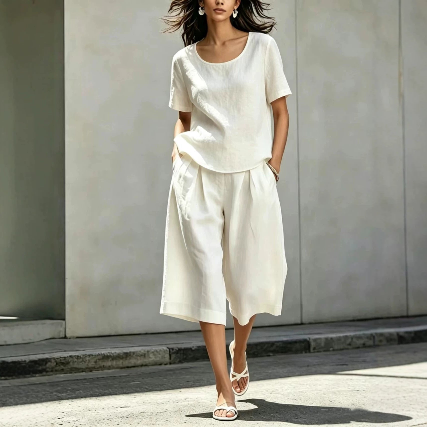 Cotton-linen Casual Loose-fitting Short-sleeve Top And Shorts Set 