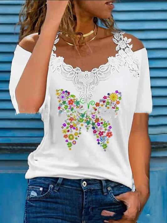 🦋 Vibrant Butterfly Lace Off-Shoulder V-Neck Tee 