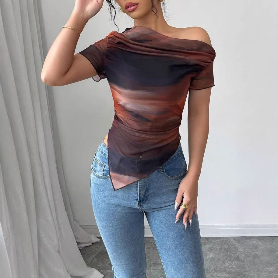 Women’s Tie-Dye One-Shoulder Mesh Ruched Top – Asymmetrical Stretch Tee for Going Out 