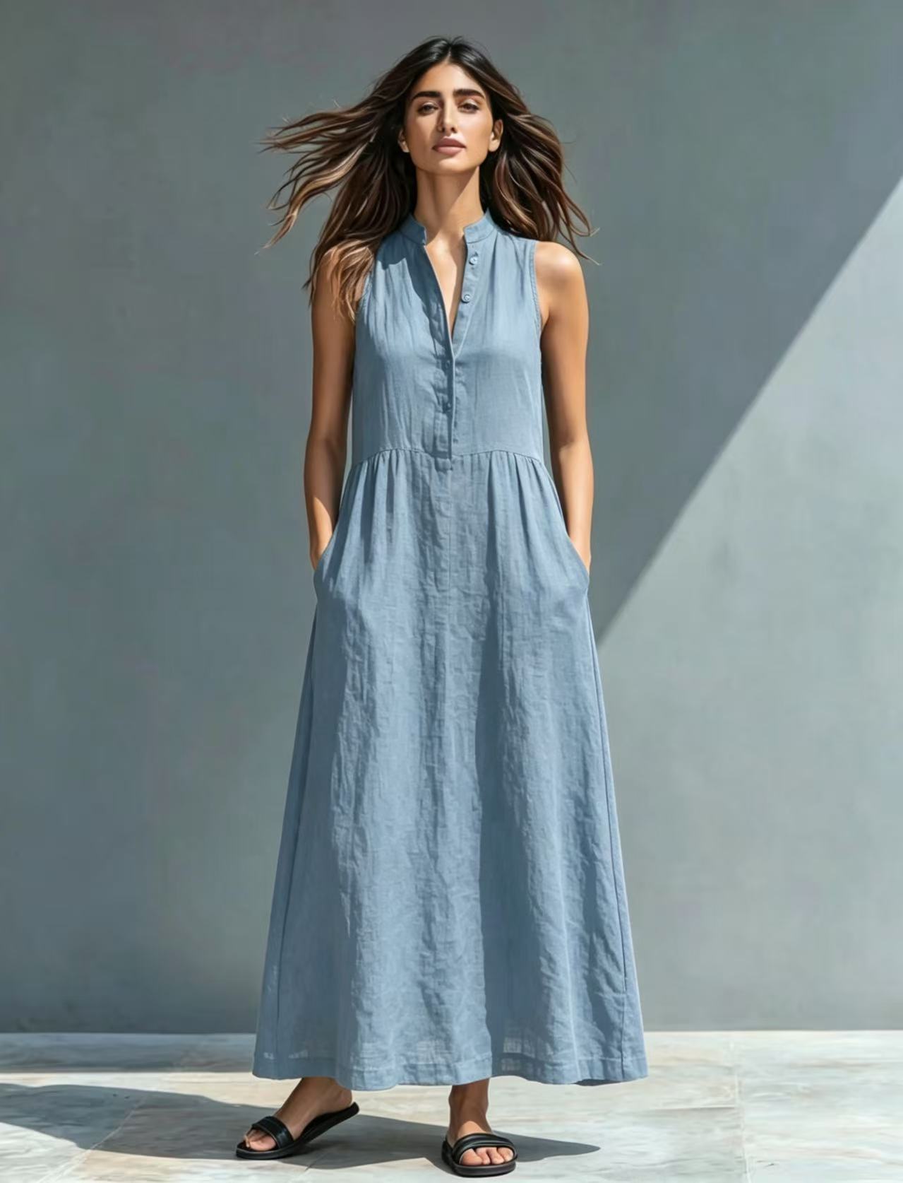 Resort-style Stand-collar Maxi Dress 