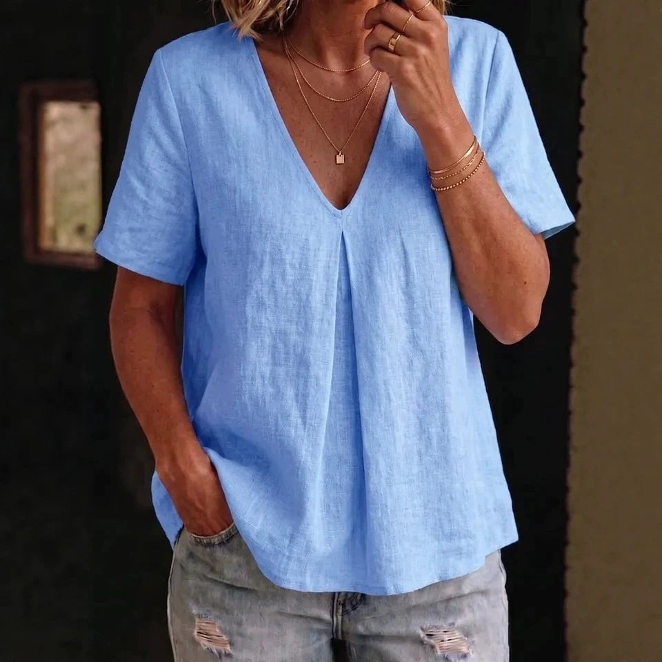 Women's Solid-Color Pleated Cotton-Linen Short-Sleeve Shirt T-Shirt 
