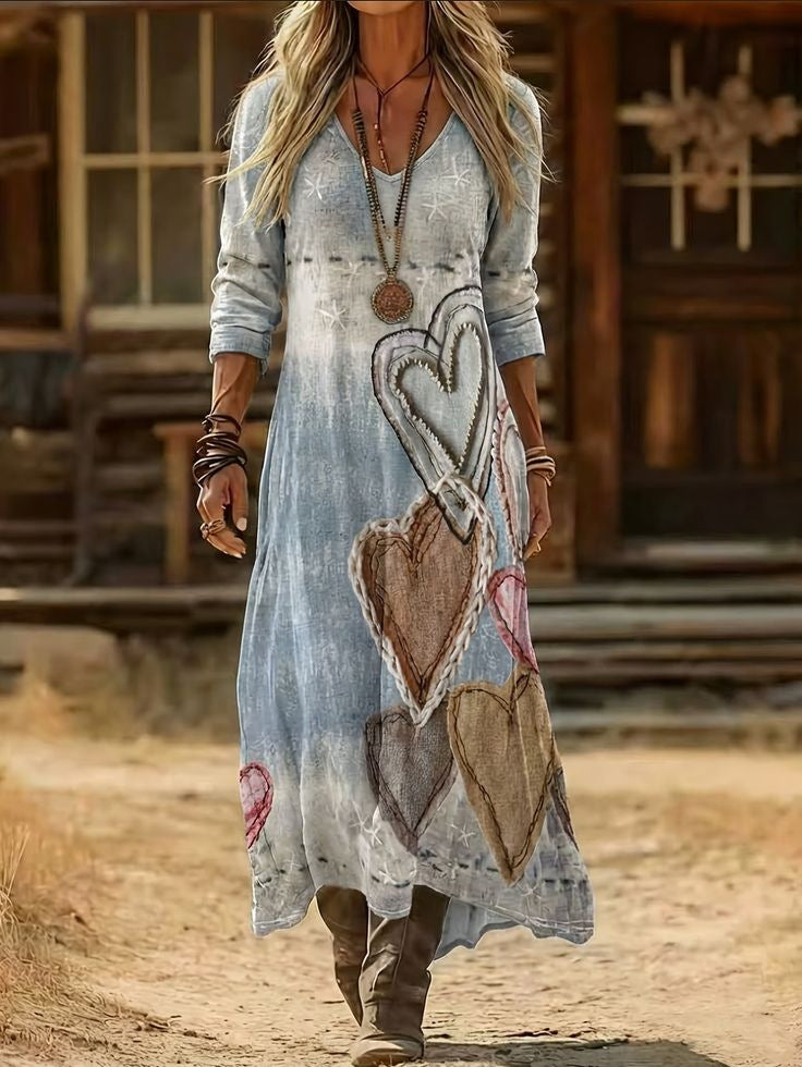 Personalized Retro Chic V-Neck Long-Sleeve Dress 