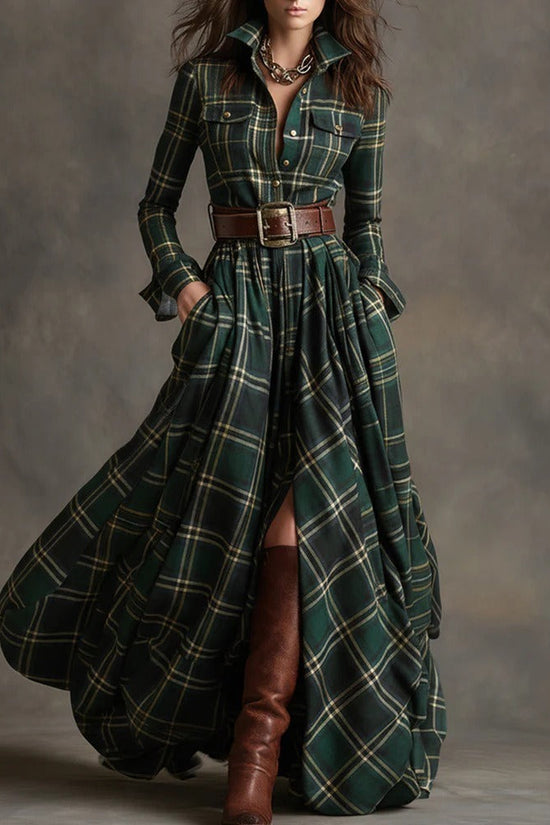 Ins Plaid Print Long-Sleeved Dress Fashion Pockets Collared Buttons Shirt Long Dresses Retro Women's Clothing 