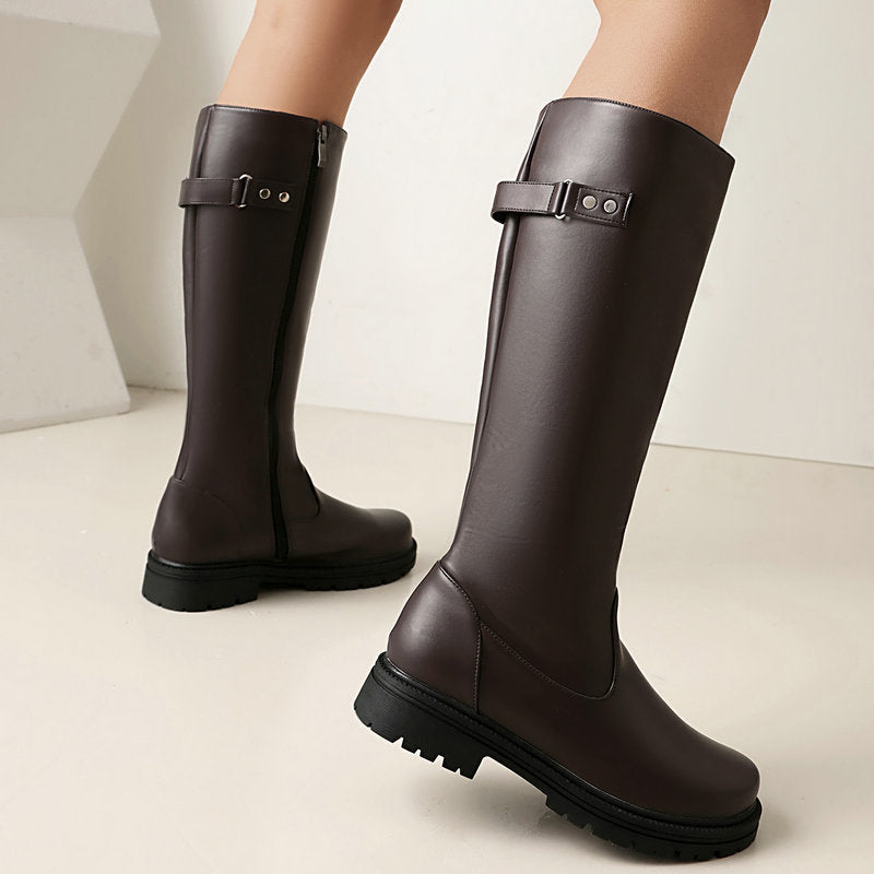 Womens Retro British-Style Leather Belt-Buckle Riding Boots 