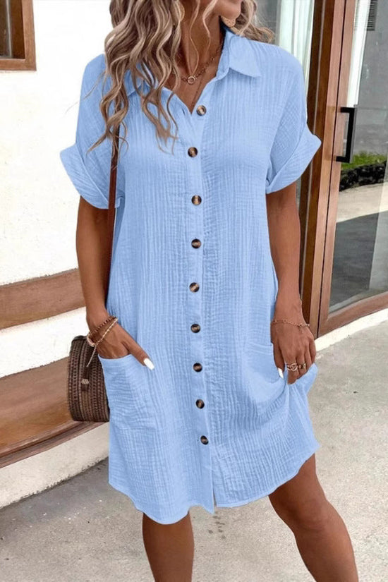Casual Solid-Color Single-Breasted Mid-Length Short-Sleeve Dress 