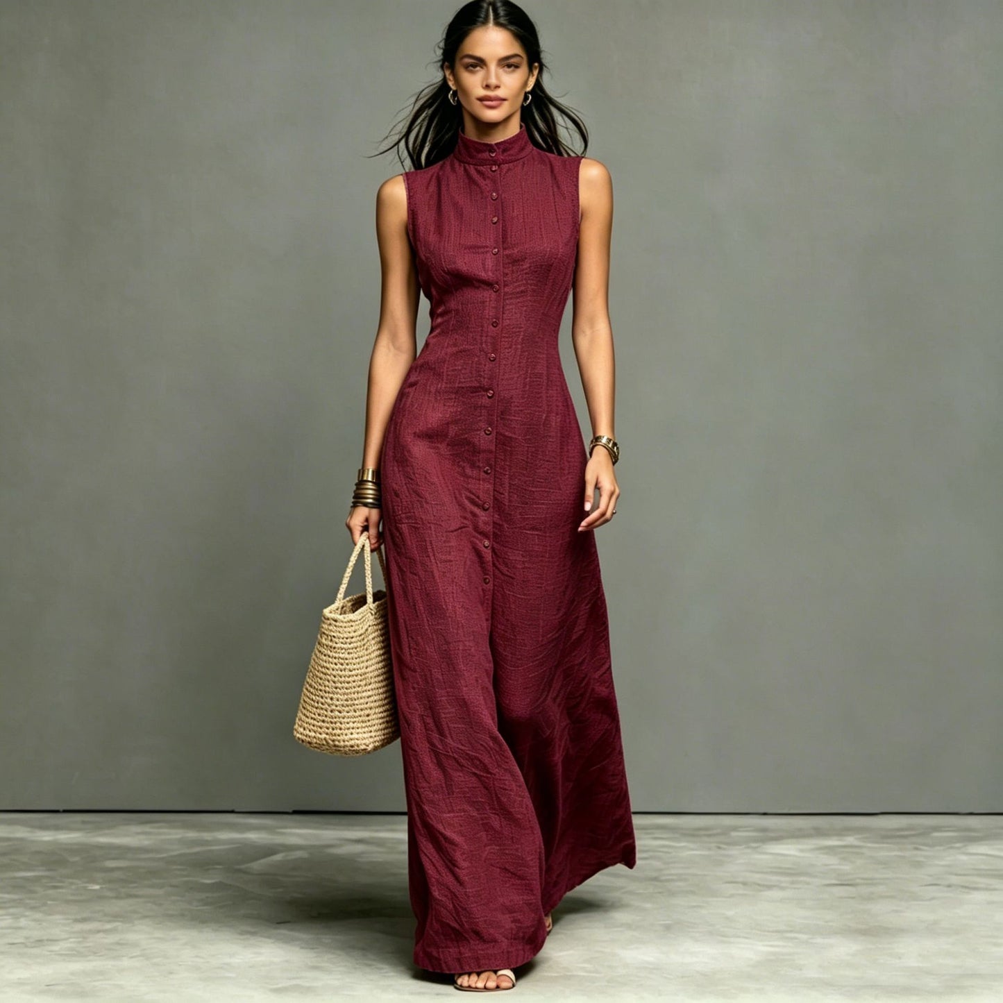 Blended Fabric Stand-up Collar Single-breasted Sleeveless Maxi Dress 