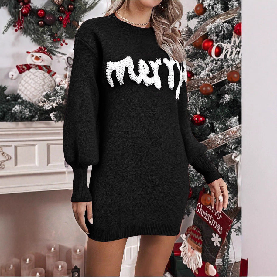 Women's Knitted Round Neck Lantern Sleeve Pullover Sheath Dress CJ