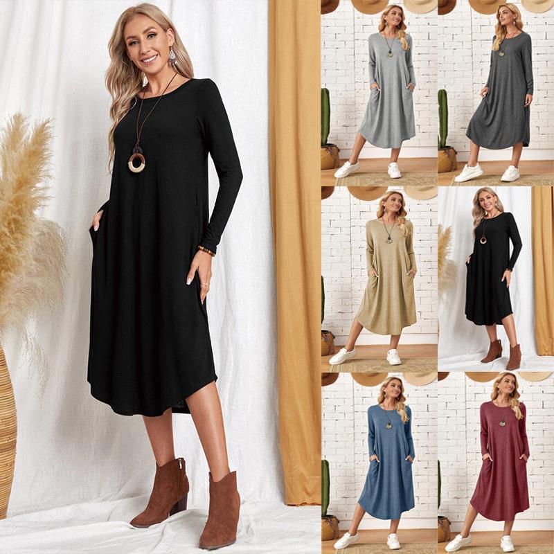 Womens Solid-Color Casual Long-Sleeve Dress 