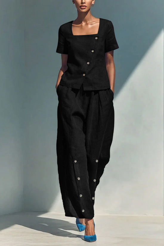 Womens Loose Short-Sleeve Top And High-Waist Pants Two-Piece Set 
