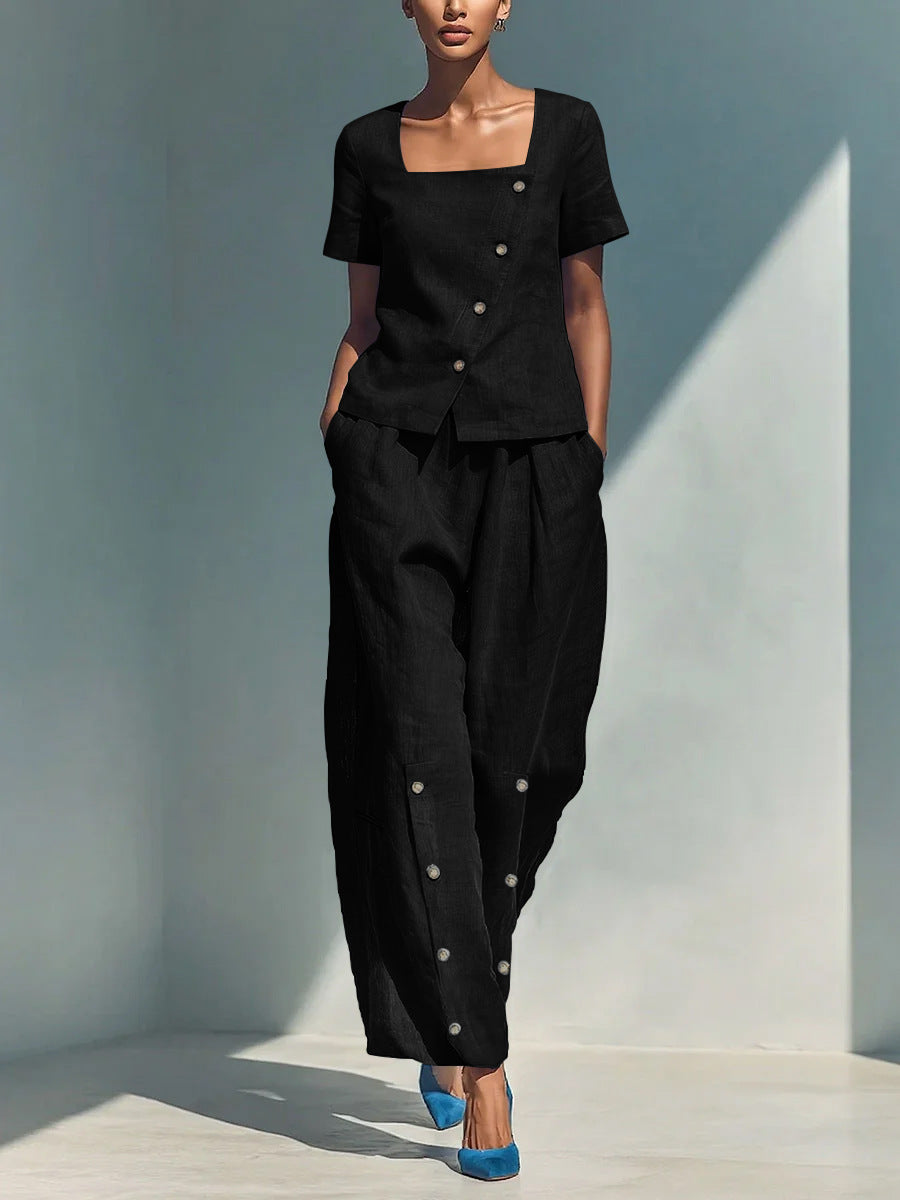 Womens Loose Short-Sleeve Top And High-Waist Pants Two-Piece Set 