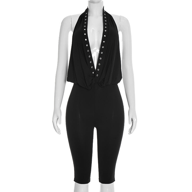Womens Halter Deep V-Neck Rivet Eyelet Backless Cropped Jumpsuit 