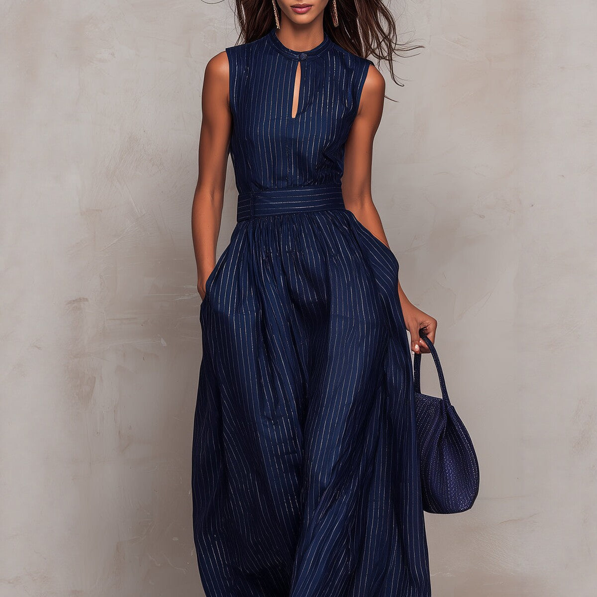 Deep Blue Striped Sleeveless Waist-Cinched Wide-Leg Jumpsuit 