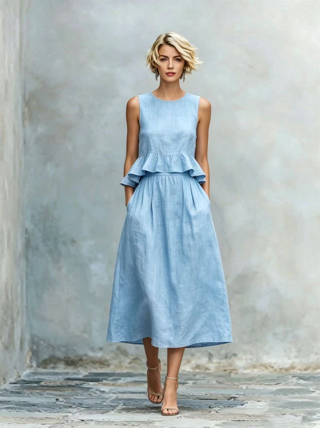 Sleeveless Crew-Neck High-Waisted Ruffle-Trim Resort-Style Dress 