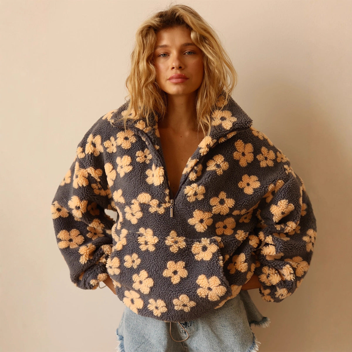 Winter Flowers Lambskin Sweatshirt With Big Pocket Casual Loose Zip-up Lapel Pullover Top Women's Clothing 