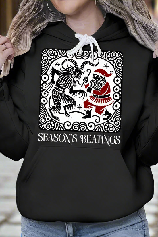 Women'S Casual Hoodie With Krampus Vs Santa Graphic Print - Cozy Pullover With Hood For Fall Winter Season, Soft Long Sleeve Holiday Hoodie CJ US