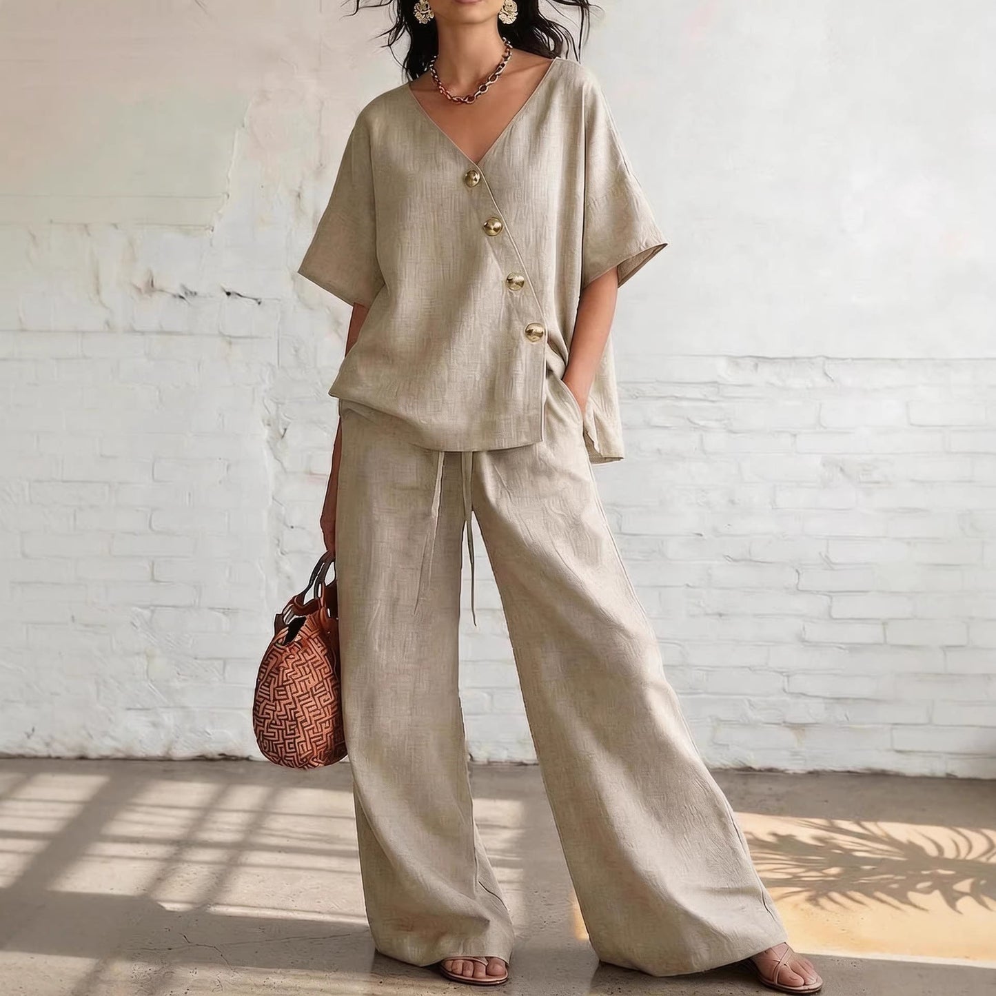 Casual Vacation Loose Cotton-Linen V-Neck Wide-Leg Pants Two-Piece Set 