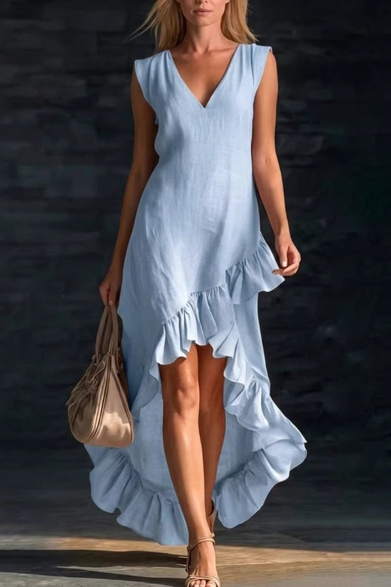 Women's Fashion Romantic Sleeveless V-Neck Ruffle Hem Cotton Linen Maxi Dress 
