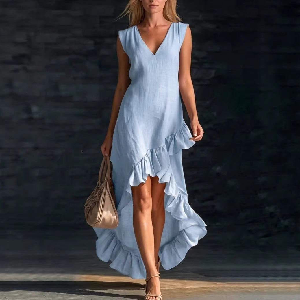 Women's Fashion Romantic Sleeveless V-Neck Ruffle Hem Cotton Linen Maxi Dress 
