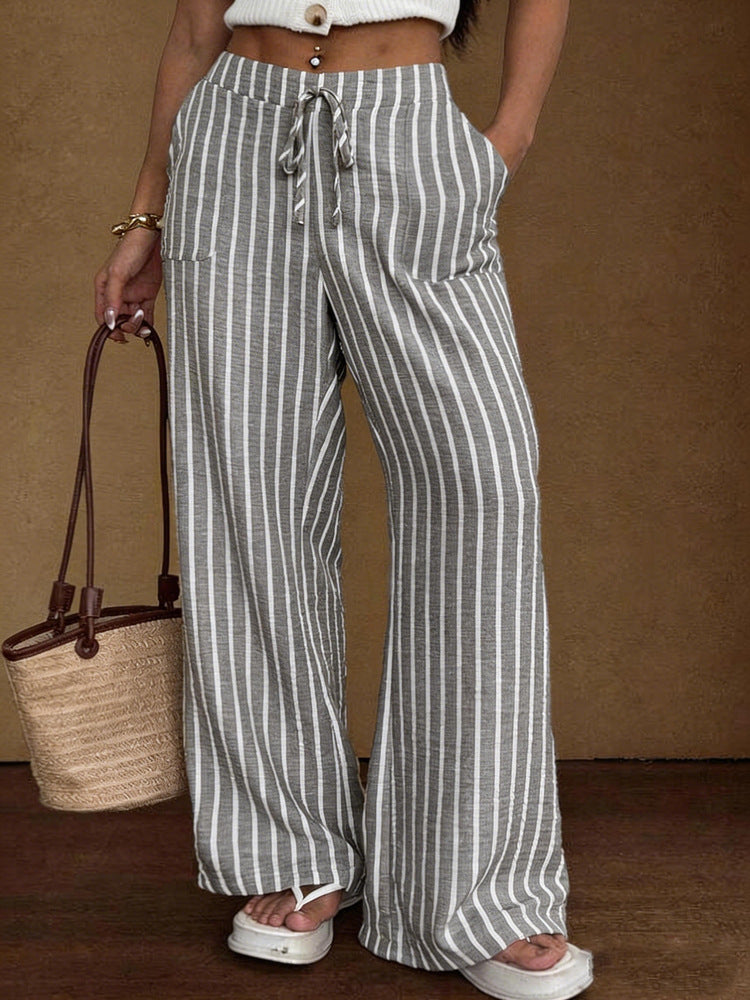 Striped Loose Commuter Casual Lace-up Elastic-waist Wide-leg Trousers 