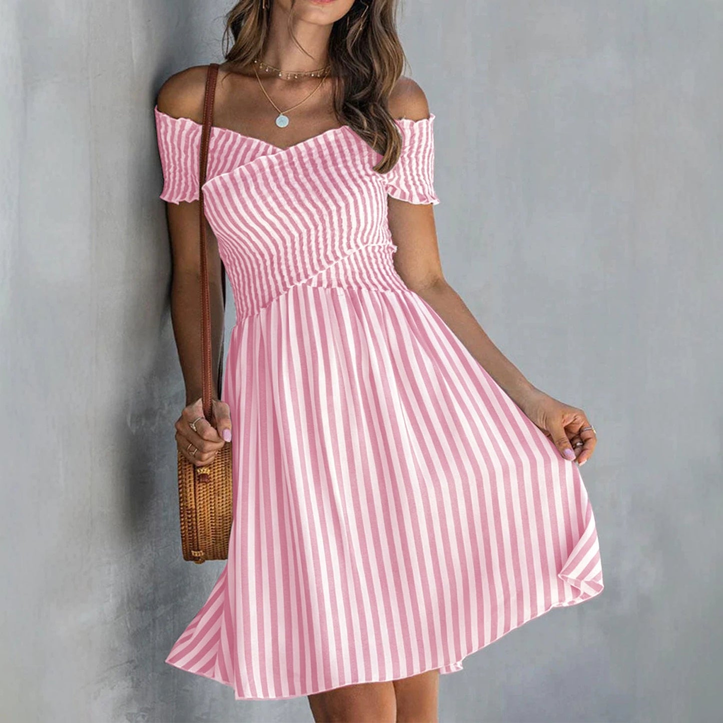 Off-the-shoulder Striped Waist-cinching Dress European And American Style 